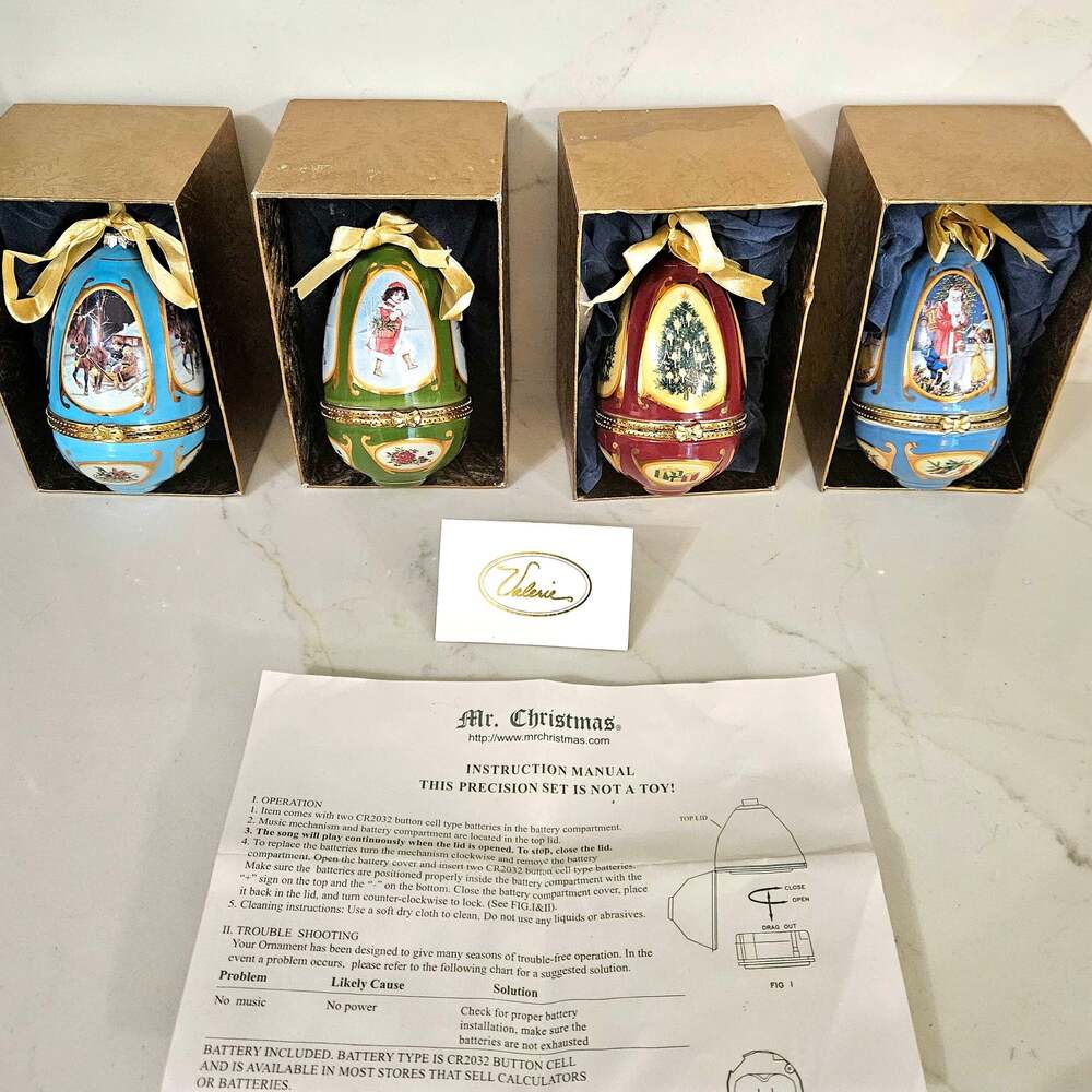 Set of 4 Mr. Christmas Valerie Parr Hill Musical Porcelain Egg Ornaments